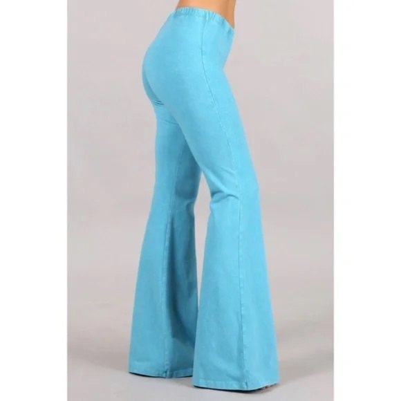 Bright Aqua Blue Boho Mineral Wash Stretch Flared Bell Bottom Casual Pants - Picture 2 of 6